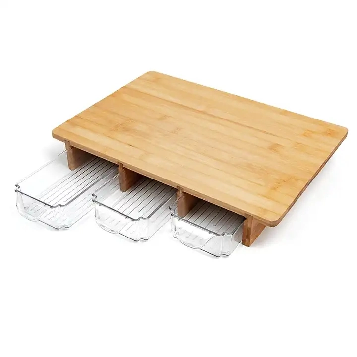 Bamboo Chopping Board with 3 Plastic Drawer Containers Tray