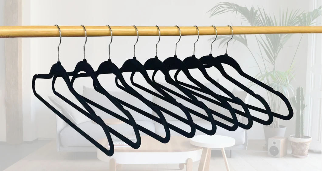 Black Velvet Clothes Hanger Flocked Plastic Hanger with Mini Hook