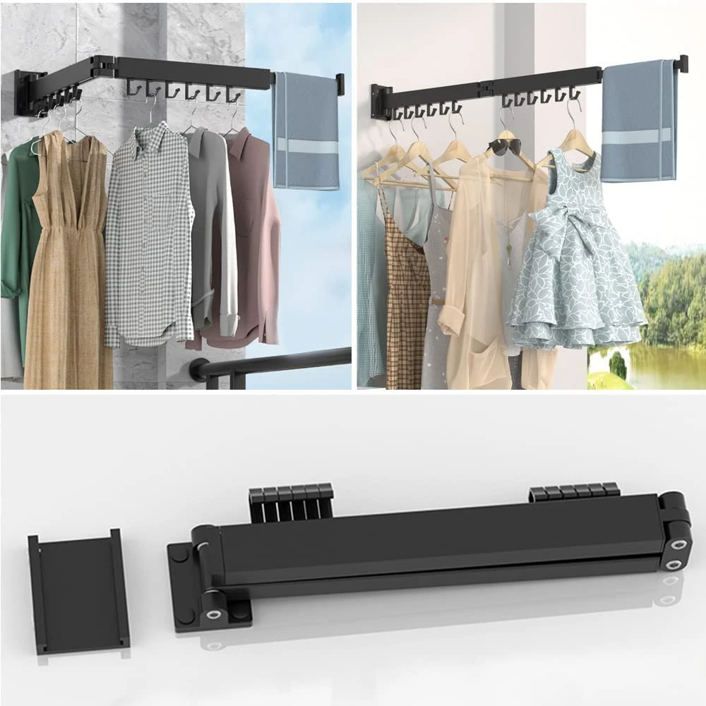 Wall Mounted Folding Clothes Drying Rack Collapsible and Retractable Space Saver Laundry Drying Rack with Towel Bar
