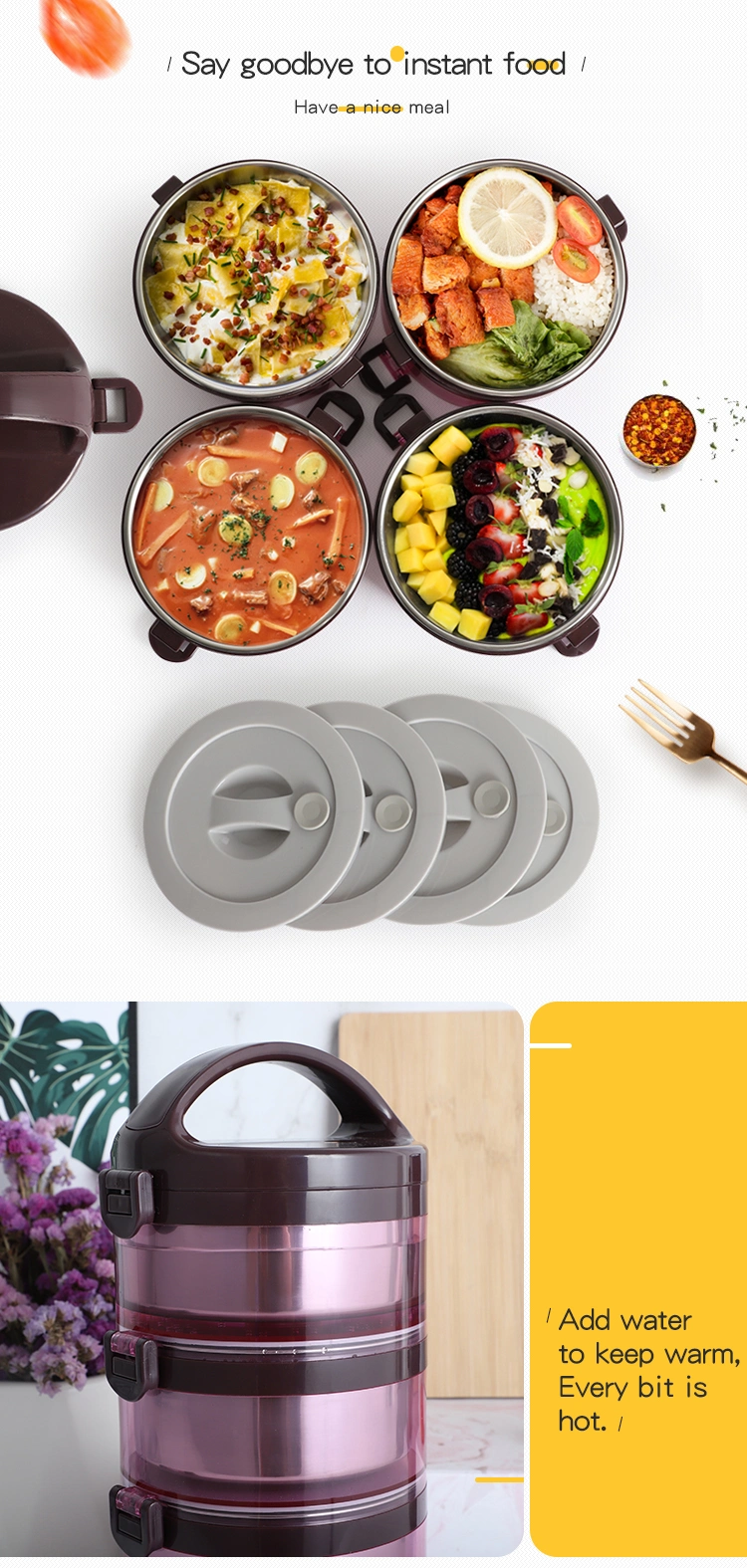New Design Plastic Stainless Steel Round Multi-Layer Portable Heat Preservation Lunch Box Outdoor Food Storage