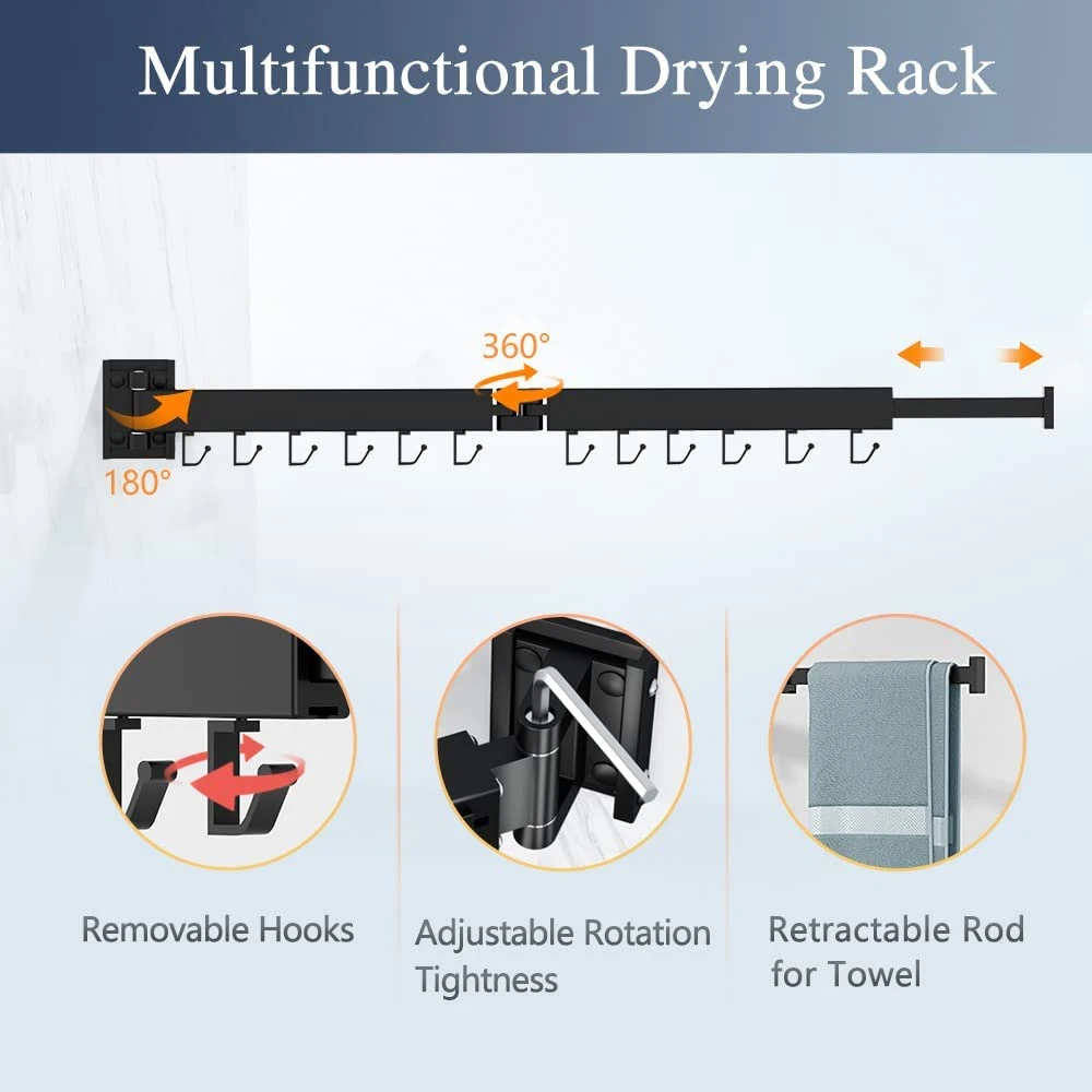 Wall Mounted Folding Clothes Drying Rack Collapsible and Retractable Space Saver Laundry Drying Rack with Towel Bar
