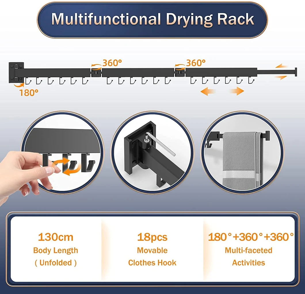 Clothes Drying Rack Collapsible Clothing Dryer Hanger Wall Mount Retractable Laundry Towel Cloth Drying Rack