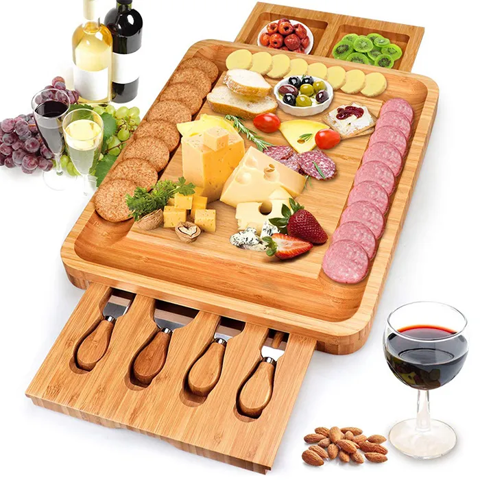 Aveco Thick Chopping Cutting Bamboo Cheese Board Juice Grove with 2 Side Divided Drawer Wholesale